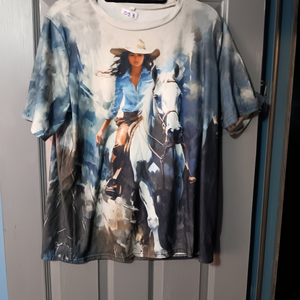Graphic Cowgirl & Horse Tee in Blue, White, Brown